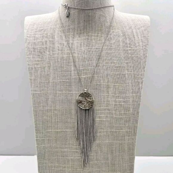 LOFT Necklace Round Pave Crystal Fringe Pendant Silver Tone Chain 24 Inches - Picture 1 of 7